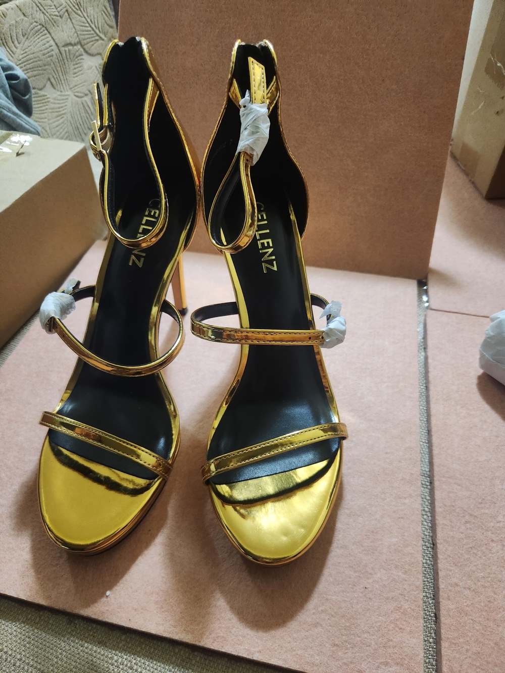 Ellenz Gold Metallic Strappy High Heel Sandals